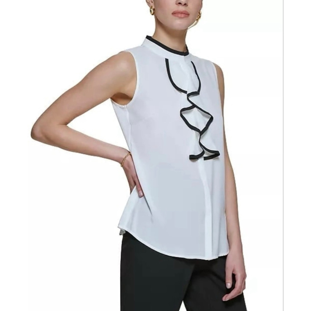 Women's Calvin Klein White & Black Ruffle Sleeveless Blouse XL Capsule Career